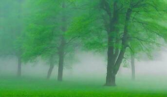 ai generiert Morgen Nebel im das Wald, Sanft Fokus und verschwommen Natur Hintergrund. foto