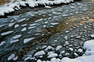 ai generiert Eis fließend im Winter Fluss foto