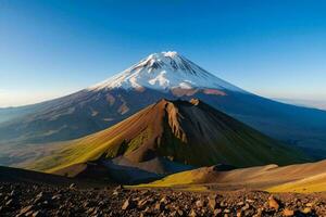 ai generiert sonnendurchflutet Vulkan Gipfel mit Schatten foto