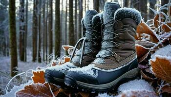 ai generiert Paar von Stiefel im Schnee foto