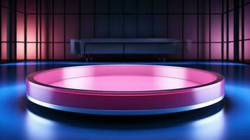 ai generiert modern stilvoll Rosa Produkt Podium auf Blau Hintergrund. foto