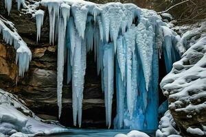 ai generiert gefroren Wasserfall im Winter foto