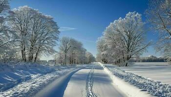 ai generiert schneebedeckt Straße umgeben mit Bäume unter Blau Himmel foto