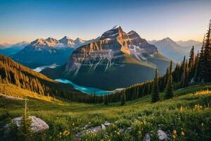 ai generiert Berg Panorama mit Gletscher Seen foto