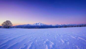 ai generiert schneebedeckt Landschaft beim Sonnenuntergang mit Berge foto