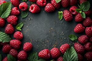 ai generiert beschwingt Himbeeren mit frisch Grün Blätter vereinbart worden auf ein dunkel Schiefer Hintergrund erstellt mit generativ ai Technologie foto