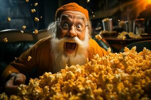 ai generiert ein heiter Alten Großvater Sitzung auf ein Couch mit ein Popcorn. foto