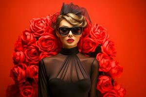 ai generiert jung Frau im schwarz Kleid mit rot Rose auf rot Hintergrund mit Raum zum Text. foto