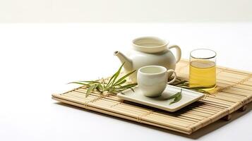 ai generiert Grün Tee im ein Teekanne und Tassen auf ein Bambus Matte, ai generativ foto