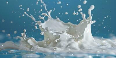 ai generiert planschen Milch isoliert auf Blau Hintergrund. hoch Auflösung Foto. voll Tiefe von Feld foto