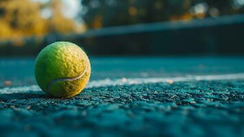 ai generiert schließen oben Tennis Ball auf ein Tennis Gericht foto