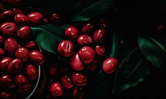 ai generiert ein Nahansicht von glänzend rot Kaffee Beeren eingebettet unter dunkel Grün Blätter foto
