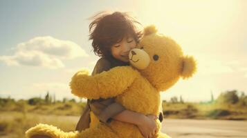 ai generiert wenig Mädchen umarmen ihr Teddy Bär im das Feld beim Sonnenuntergang. National umarmen Tag Konzept. ai generativ. foto