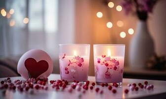 ai generiert Verbrennung Kerzen im Zimmer dekoriert zum Valentinstag Tag, Nahansicht foto