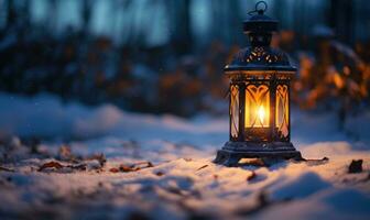 ai generiert Laterne im das Schnee beim Nacht. Winter Landschaft mit Laterne. foto