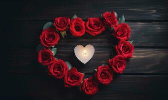 ai generiert Herz von rot Rosen und ein Verbrennung Kerze auf ein dunkel hölzern Hintergrund foto