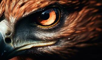 ai generiert Porträt von ein rotschwanzig Falke, Nahansicht. Nahansicht Porträt von ein golden Adler Auge foto