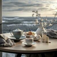 ai generiert immer noch Leben mit Frühstück auf das Terrasse mit Blick auf ein schön Winter Landschaft. foto