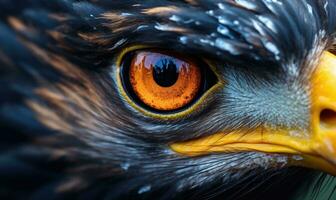 ai generiert schließen oben von golden Adlers Auge. selektiv Fokus auf das Auge. foto