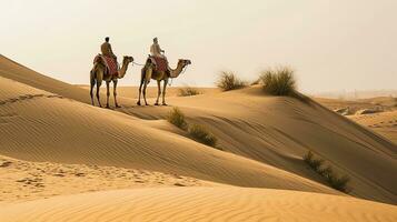 ai generiert zwei Kamele im das Dünen von das Sahara Wüste, Marokko. ai generativ foto