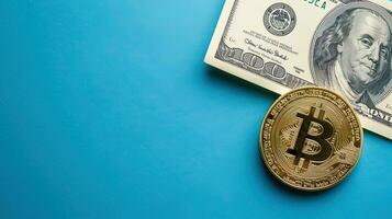 ai generiert golden Bitcoin und Dollar Rechnungen auf ein Blau Hintergrund, Kryptowährung Konzept. ai generativ foto