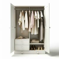 ai generiert Weiß Kleiderschrank mit zwei Türen und zwei Schubladen, gefüllt mit Kleider und Schuhe foto