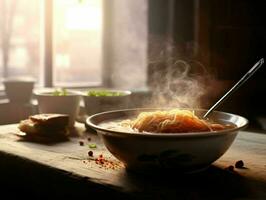 ai generiert ein Schüssel von heiß Nudel Suppe auf hölzern Tisch. generativ ai foto