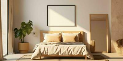 ai generiert minimalistisch Beige Bett Zimmer Innere Design mit leer Weiß Bild Rahmen Attrappe, Lehrmodell, Simulation. generativ ai foto