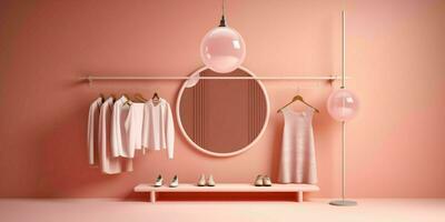 ai generiert modisch Kleider auf Kleiderbügel im ein minimalistisch Innere. Mode Show Zimmer Innere. generativ ai foto