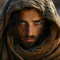 ai generiert Porträt von männlich arabisch Männer mit Kopftuch. generativ ai foto