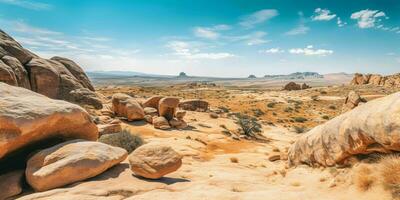 ai generiert ein groß, trocken Wüste mit Blau Himmel. felsig Wüste Landschaft. generativ ai foto