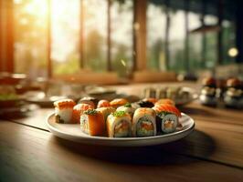 ai generiert köstlich Sushi Rollen serviert auf ein Platte. generativ ai foto