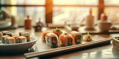ai generiert köstlich Sushi Rollen serviert auf ein Platte. generativ ai foto