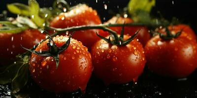 ai generiert frisch Tomaten mit Wasser Tröpfchen isoliert auf schwarz Hintergrund. generativ ai foto