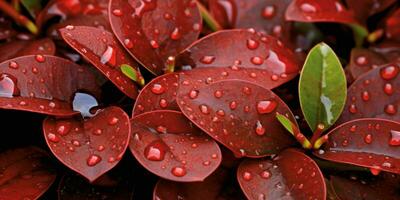 ai generiert frisch rot Blätter mit Wasser Tröpfchen. schließen oben von Blatt mit Regentropfen. generativ ai foto