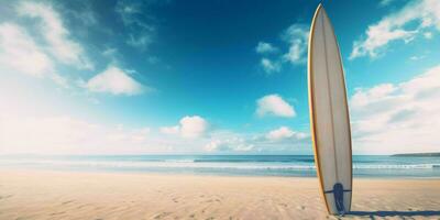 ai generiert Surfbrett auf das Strand mit Blau Himmel Sicht. generativ ai foto