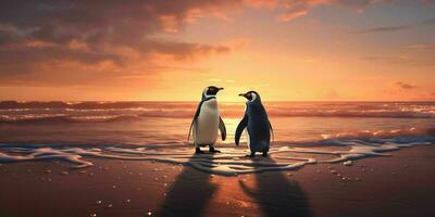 ai generiert ein Paar von Pinguine genießen das Schönheit von das Strand beim Dämmerung. Pinguin Paar. generativ ai foto