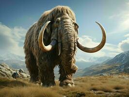 ai generiert ein wollig Mammut mit riesig Weiden und Berge Hintergrund. generativ ai foto