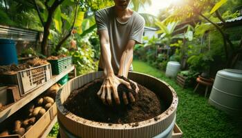 ai generiert ein breit Nahansicht Foto zeigt ein Person von asiatisch Abstammung beschäftigt, verlobt im das Handlung von drehen Kompost im ein Grün Hinterhof Einstellung.