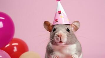 ai generiert schließen oben Foto von süß Maus tragen Geburtstag Hut, Rosa Hintergrund