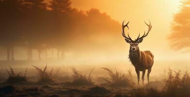 ai generiert mächtig rot Hirsch Stehen im das Savanne mit dicht Nebel im das Morgen, Herbst Thema foto