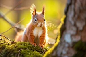 ai generiert Frühling Szene mit ein süß rot Eichhörnchen. Sciurus gemein. europäisch Eichhörnchen Sitzung auf das Baum Stumpf foto