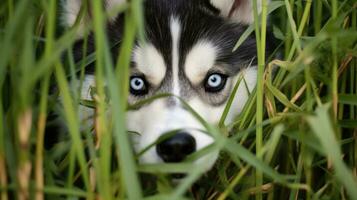 ai generiert sibirisch heiser versteckt hinter hoch Gras foto