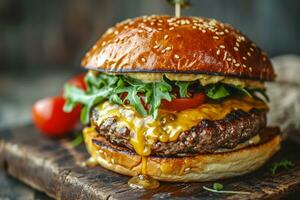 ai generiert Essen Fotografie von ein Cheeseburger mit Kopieren Raum foto