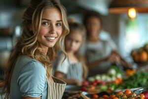 ai generiert ein Mutter Kochen beim ein Küche zum ihr Kinder foto