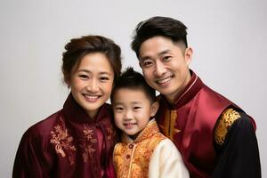 ai generiert ein Familie von jung Chinesisch feiern Chinesisch Neu Jahr mit isoliert Weiß Hintergrund foto