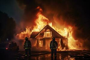 ai generiert ein Haus verbrannt im ein lodernd Feuer Feuerwehrmänner versucht es zu halt es foto