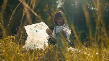 Kind Mädchen Sammlung Plastik Müll im Natur. Kind pflücken oben Müll im Park. foto