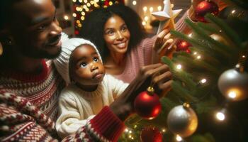 ai generiert Foto von ein Familie von afrikanisch Abstammung im ein Nahansicht Schuss, Arbeiten zusammen zu schmücken ihr Weihnachten Baum. ein Kind, mit Augen voll von Wunder