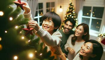 ai generiert Foto Erfassen ein Nahansicht Moment wo ein Familie von asiatisch Abstammung versammelt sich um ihr Weihnachten Baum. einer Kind, mit ein groß Lächeln